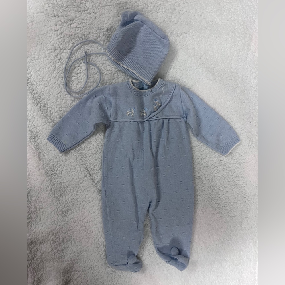 Vintage Baby Blue Knit One-Piece with Matching Bonnet